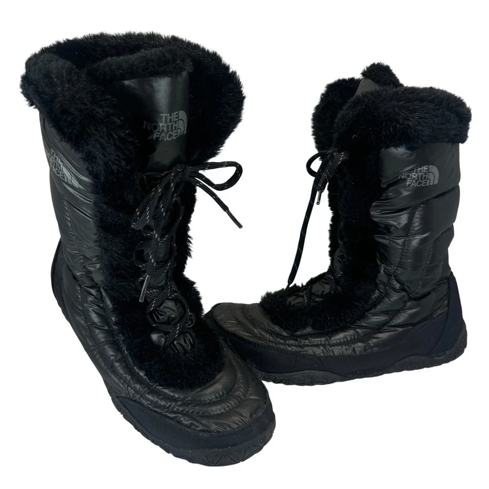 The North Face Nuptse Purna II Winter Boots Black Goose Down Faux Fur Womens 9.5